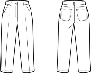 Flat vector technical drawing of classic straight-leg trousers with front pleats, belt loops, back patch pockets, fashion pants template