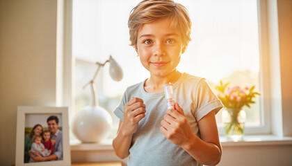 Proud child displaying vaccination mark at home, promoting health awareness