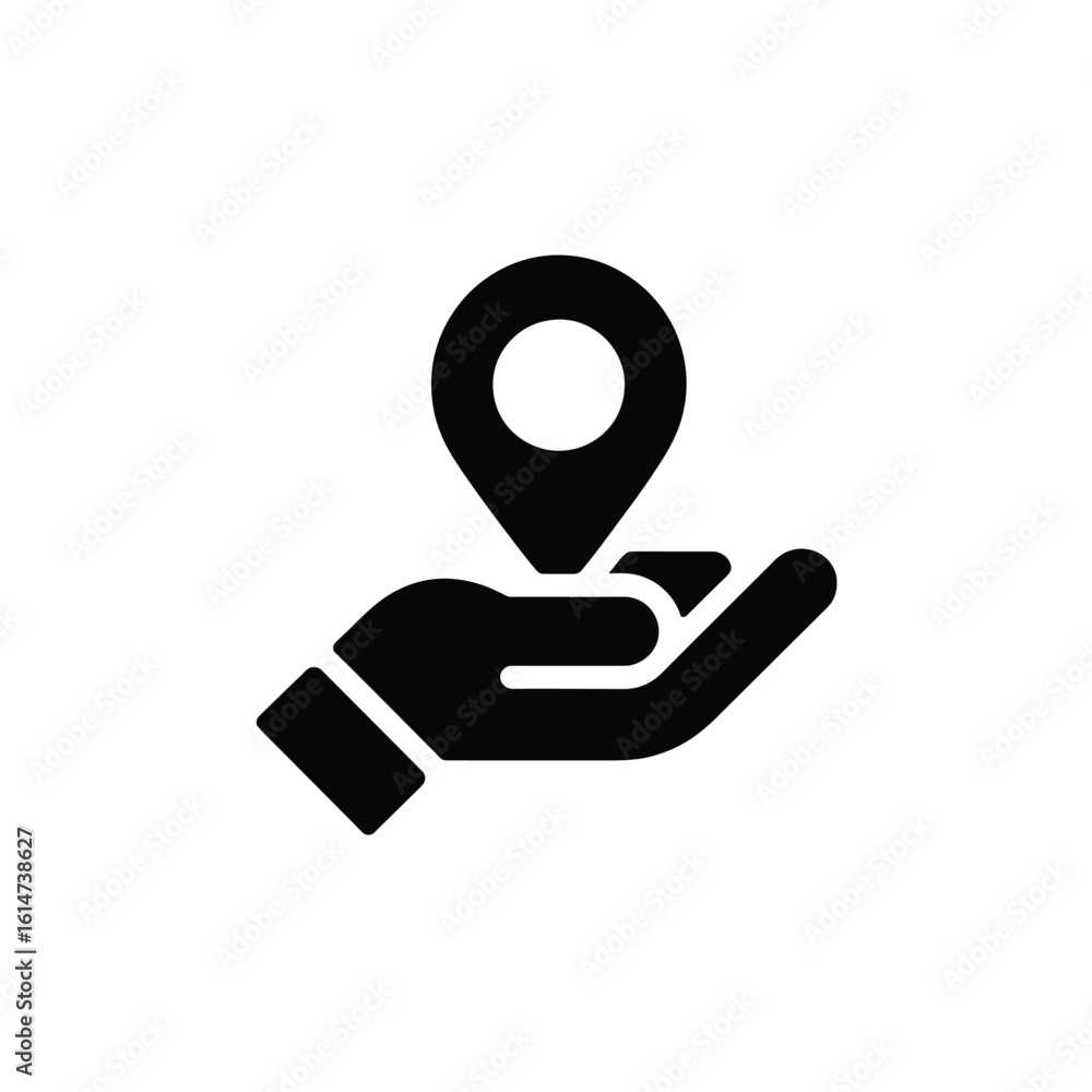 Poster hand holding location pin icon find location map pointer concept