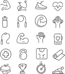 Fitness and Workout Icons Collection Featuring Gym Equipment Bodybuilding and Healthy Lifestyle Elements Depicted in Clean Outline Style Design