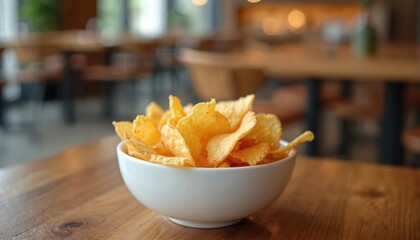 Crispy potato chips fill white bowl on rustic wooden table. Snack presented in modern cafe setting with blurred background, offering delicious bite. Perfect for sharing, crunchy vegetable chips tasty