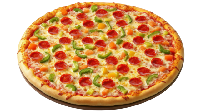 Delicious Freshly Baked Pepperoni Pizza Topped with Colorful Vegetables on a Transparent Background