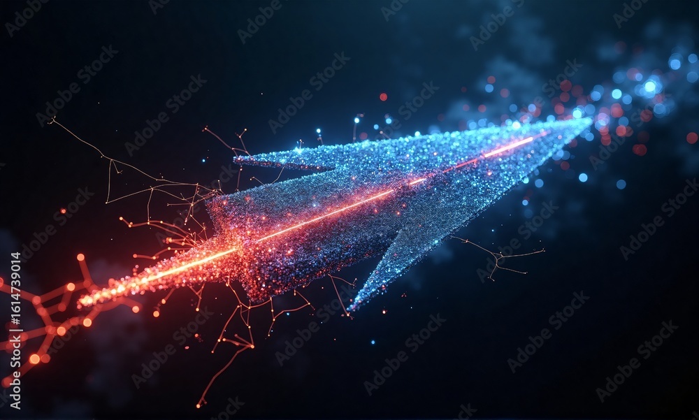 Poster a glowing, futuristic arrow of connected particles, transitioning from red to blue, streaks forward 