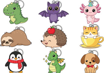 Naklejka premium Cute animal keychains collection vector illustration featuring dragon cat sloth and more animals