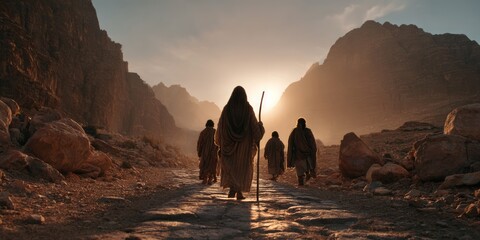 A prophetic figure with a staff leading a group on an epic pilgrimage through a sunlit desert canyon