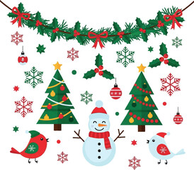 Festive Holiday Cheer Colorful Christmas Elements Featuring Snowman, Trees, Birds, and Garlands for a Joyful Season