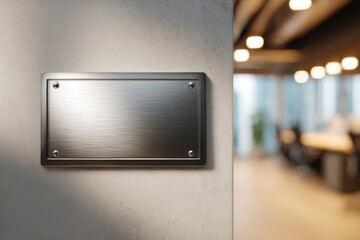 Blank brushed metal plaque on a wall as a corporate signage mockup. Modern office interior in the background.