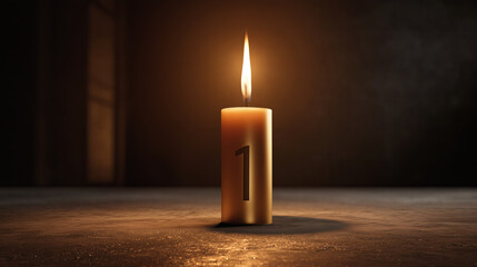A single, golden candle in the shape of the number one is lit with a gentle flame, perfect for a first birthday or anniversary celebration.