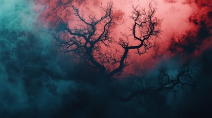 A silhouette of a tree with bare branches against a backdrop of red and blue smoke.