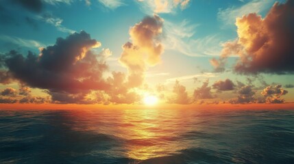 Obraz premium A vibrant sunset over the ocean with dramatic clouds casting long shadows on the water.