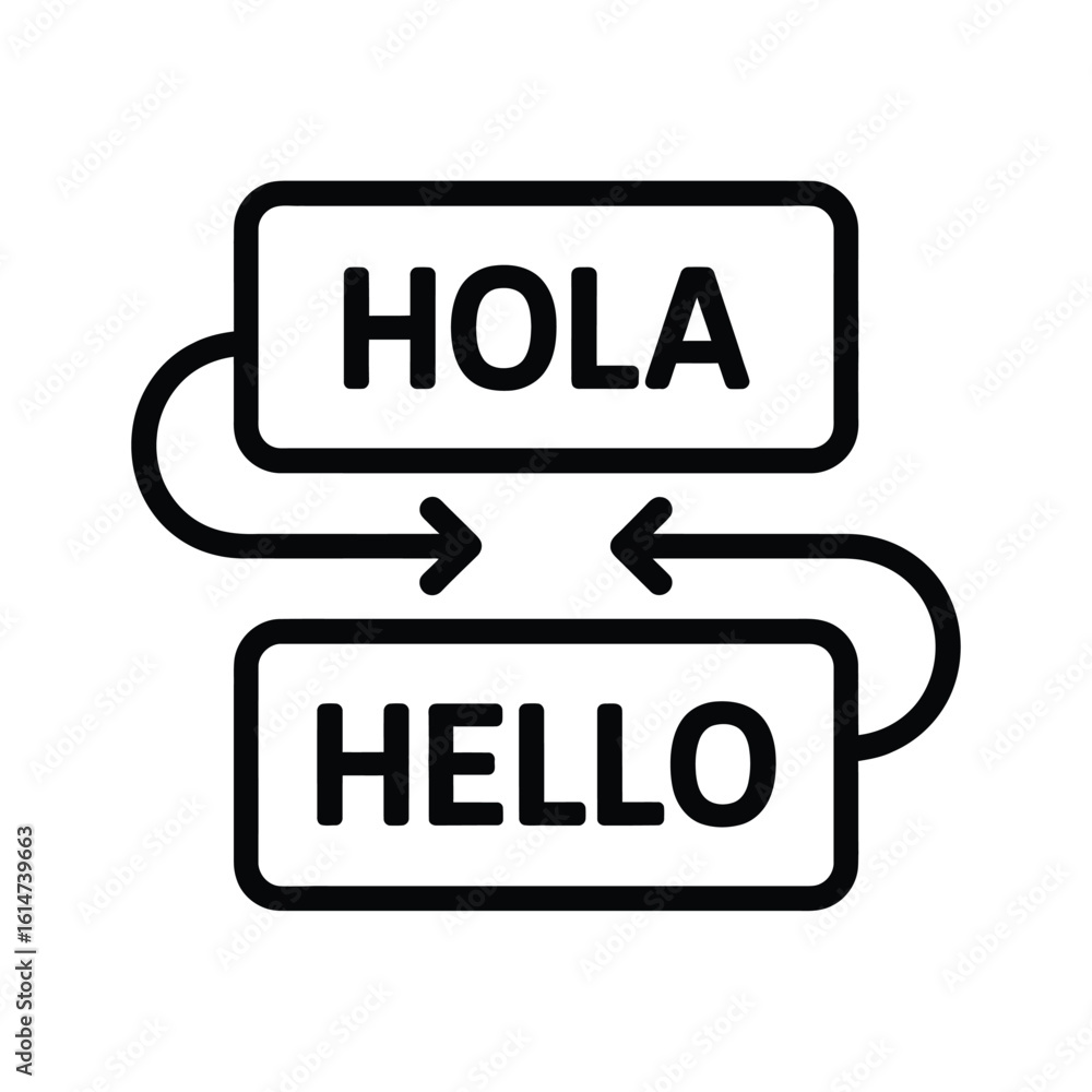 Poster translation icon showing hola and hello with arrows and rounded boxes