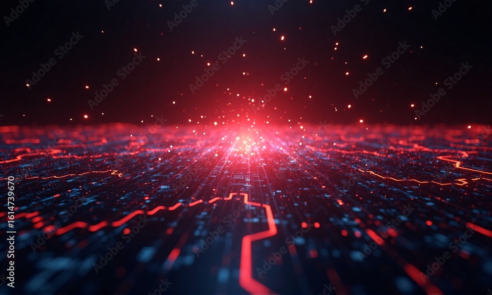 Poster a glowing digital expanse with intricate circuits, radiating a powerful red light, symbolizing advan