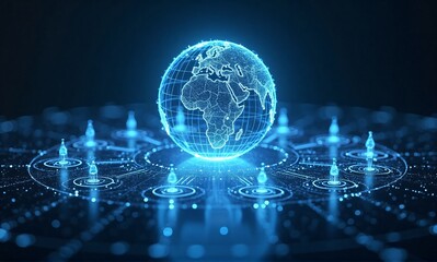 A glowing blue digital Earth globe at the center of a futuristic network, symbolizing global connectivity and data flow.