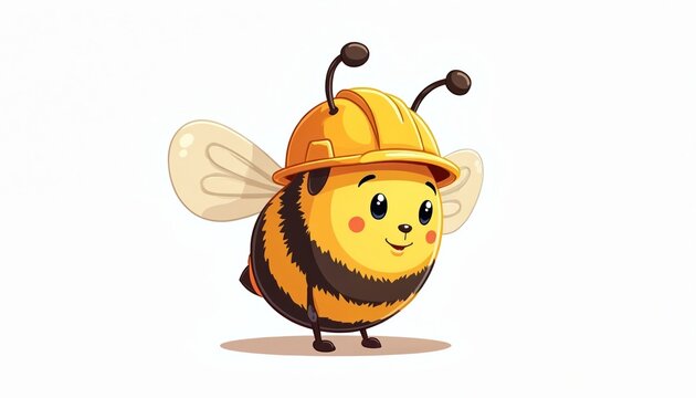 Cute cartoon bee wearing a yellow hard hat, with black stripes and happy expression. Adorable insect illustration, ideal for children educational content, marketing, or branding projects.