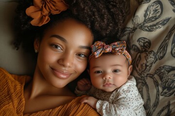 Top view of a happy young mother with her newborn baby girl  on a sofa indoors, capturing the tenderness and warmth of family life, Generative AI