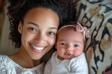Top view of a happy young mother with her newborn baby girl  on a sofa indoors, capturing the tenderness and warmth of family life, Generative AI