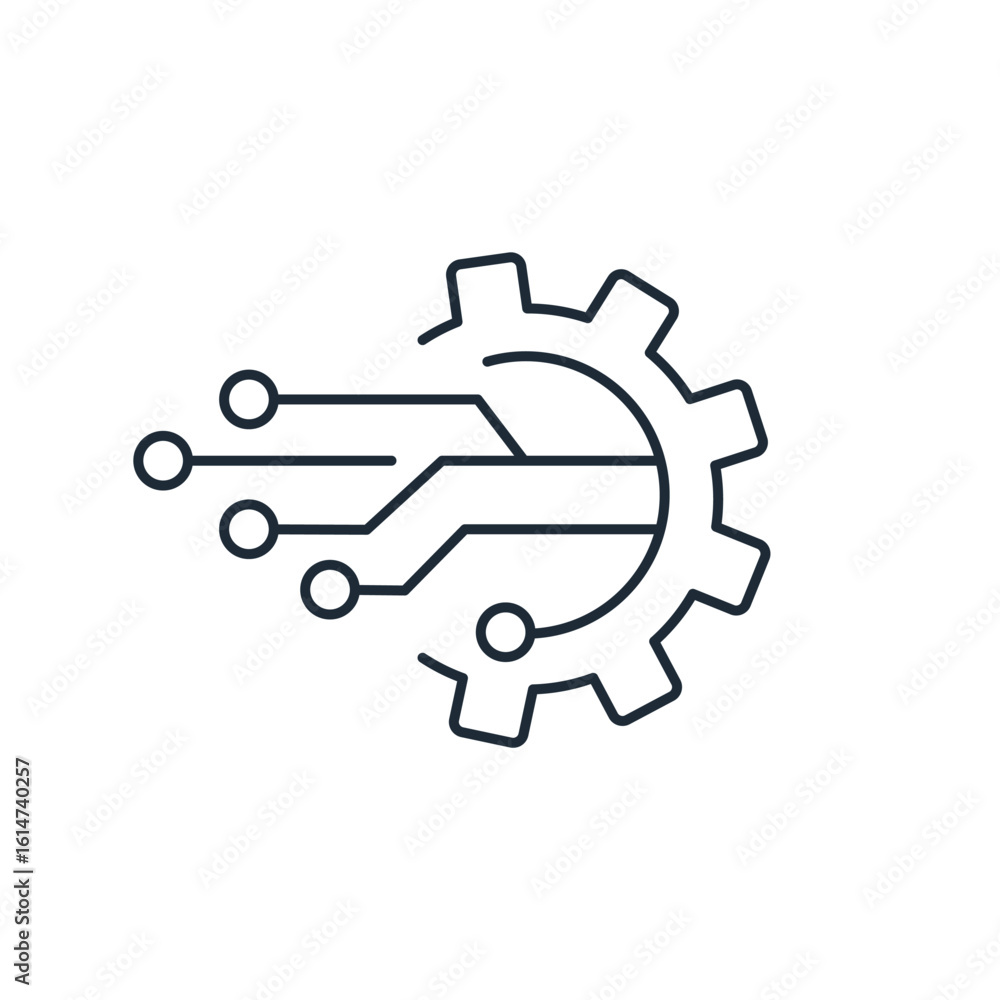 Poster gear with electronics. digital technologies in equipment, mechanism. vector linear icon isolated on 