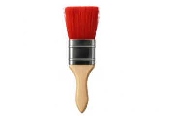 Red paintbrush with wooden handle on transparent background
