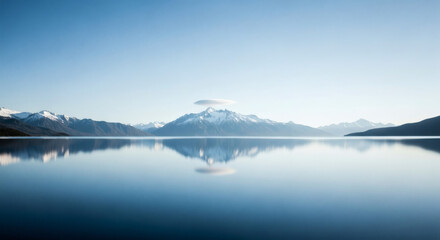 Serene landscape of a tranquil lake reflecting snowy mountains and a clear blue sky, capturing nature's perfect symmetry.