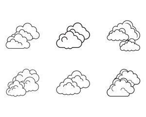 Set of six cloud icons weather forecast cloudscape symbols on white background simple line art illustration of meteorology concepts design element vector graphics