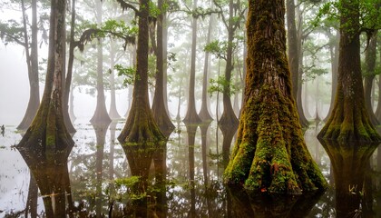 Misty swamp trees reflect