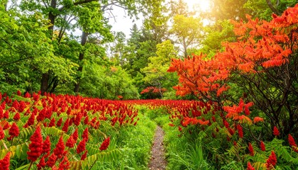 Lush autumnal path through vibrant red flowers