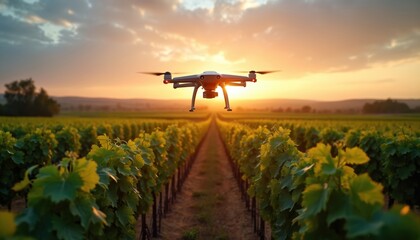 Drone surveys vineyard at sunset for precision farming. Unmanned aerial vehicle monitors grape crops, aiding agricultural efficiency. Golden hour light bathes vine rows, modern farming technology in