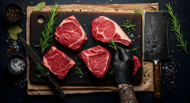 Chef preparing raw beef steaks with rosemary on a wooden cutting board

