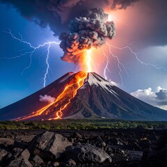 Erupting Volcano With Lightning Striking