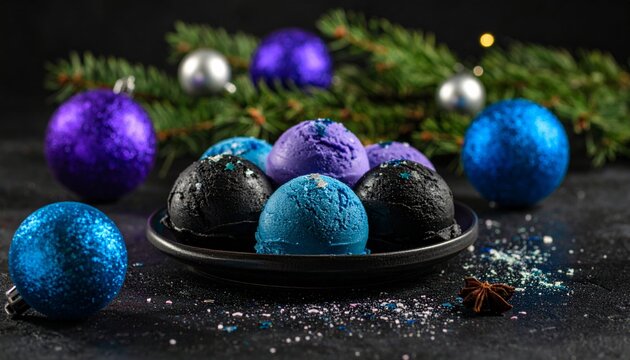 Galaxy-colored ice cream scoops in shades of purple, blue, and black with edible glit