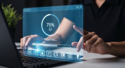 Software update or operating system, update software application upgrade technology concept. updating progress bar, installing app patch, new version loading, program downloading, improved security,