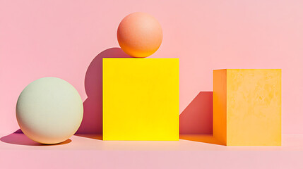 Minimalist Geometric Composition with Spheres and Cubes on Pink Background