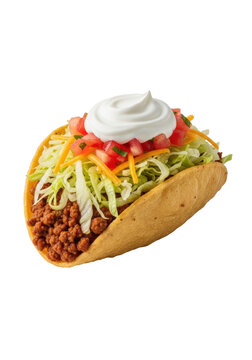 Ultra photorealistic crispy chalupa with seasoned ground beef, lettuce, tomatoes, cheddar, sour cream, on seamless transparent studio background, no shadows, high angle shot. Concept for food