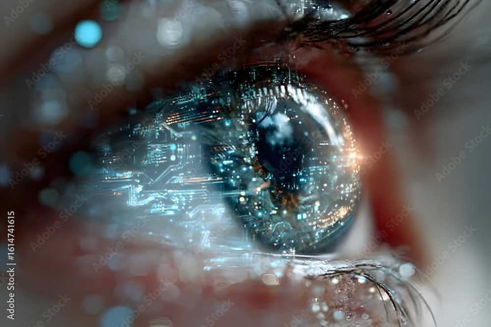 Aufkleber close up of an eye with glowing digital interface, representing the integration of technology with h
