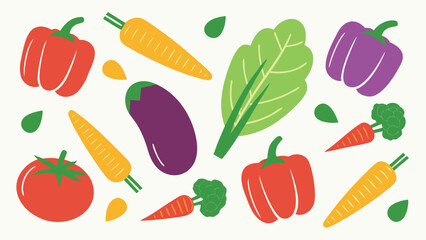 Red bell peppers purple peppers eggplant carrots broccoli tomato lettuce vegetable food