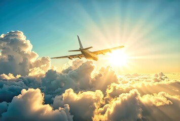 Airplane Flying Above Clouds at Sunset with Sunlight Shining