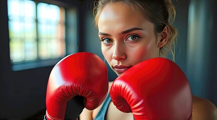 Confident Woman in Red Boxing Gloves Posing with Hands on Hips