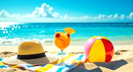 Tropical Beach Scene with Hat, Cocktail, Towel and Ocean View