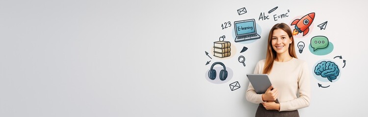 Smiling woman with digital tablet standing near e-learning and education icons on white background with copy space for banner or promotional design.