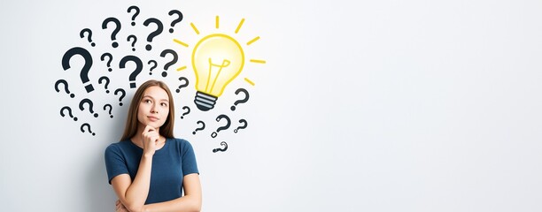 Woman thinking with question marks and lightbulb on white background symbolizing idea, creativity, and inspiration in conceptual design template.