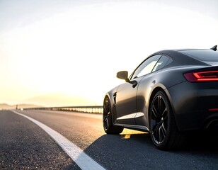 Dark coupe driving on highway at sunset