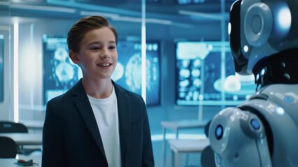Excited young boy interacting with a futuristic robot in a science lab education innovation