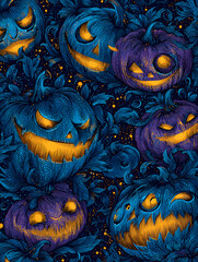 Scary Halloween background with pumpkins and fog. Neural network AI generated art