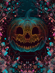 Scary Halloween background with pumpkins and fog. Neural network AI generated art