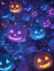 Scary Halloween background with pumpkins and fog. Neural network AI generated art