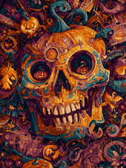 Scary Halloween background with pumpkins and fog. Neural network AI generated art