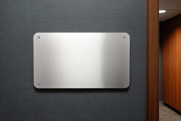 A blank silver metal sign plaque on a dark textured wall next to an office doorway. Perfect mockup for corporate branding or a nameplate.