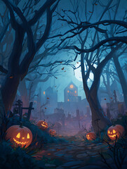 Scary Halloween background with pumpkins and fog. Neural network AI generated art