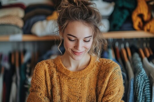 Young woman sorting her wardrobe indoors at home, preparing donations for charity, promoting the spirit of giving and sustainable living, Generative AI