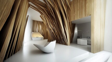 Modern interior with layered wood structures and minimalist furniture, bright, airy space